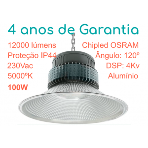 Campânula LED industrial Marte 100W, IP44, 12000lm, 3 anos garantia