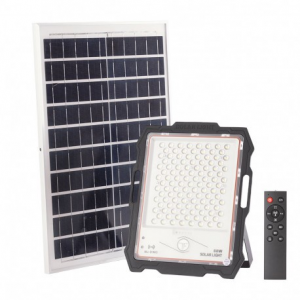 Projetor LED Solar 80W 8000Lm Sensor_Controle Controlo Remoto Painel:5V 28W Bateria: 3,3V 24.000Ma