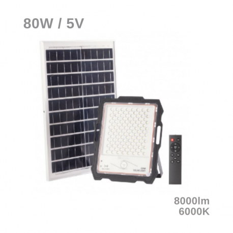 Projetor LED Solar 80W 8000Lm Sensor_Controle Controlo Remoto Painel:5V 28W Bateria: 3,3V 24.000Ma